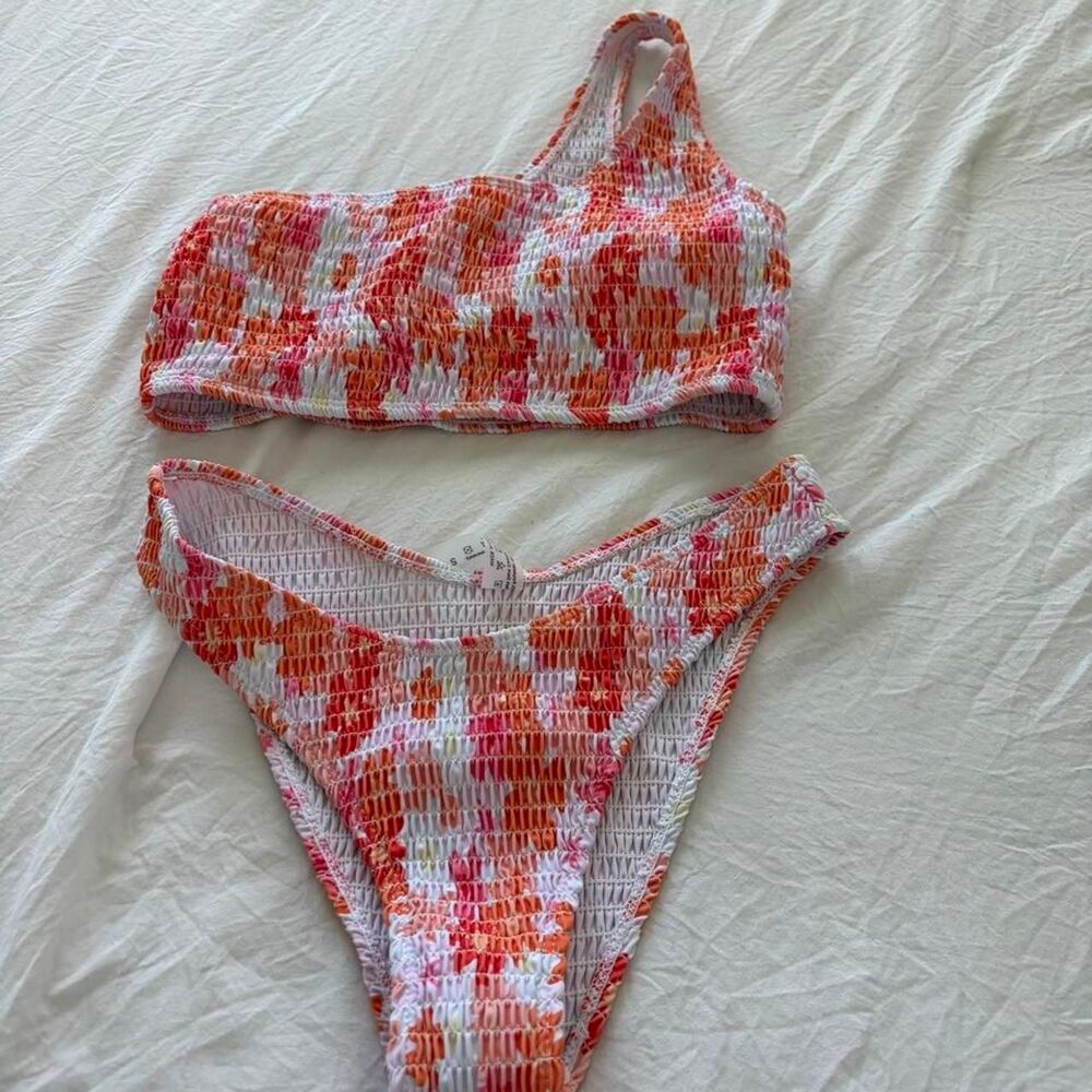 SHEIN Women's Orange White Tie Dye One Shoulder Bikini Set Two Piece Swimsuit